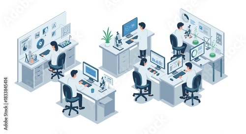 Modern laboratory office with scientists working on computers and microscopes