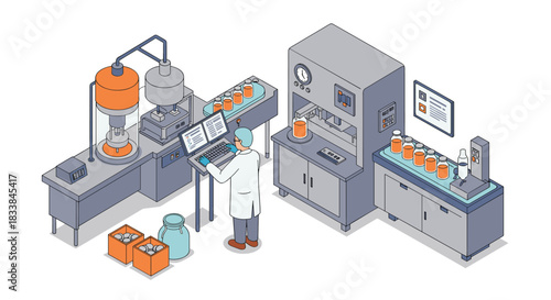 Modern isometric laboratory with scientist working on industrial machines for beverage production