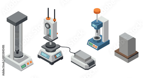Isometric laboratory equipment with modern testing machines on white background