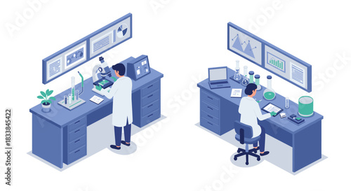 Isometric laboratory scene with scientists analyzing data and conducting experiments