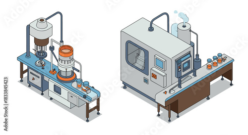 Isometric factory scene with modern industrial equipment in two sections