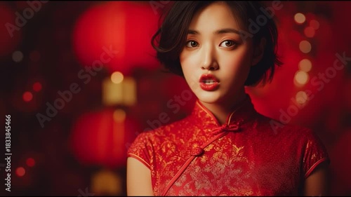 A young woman in a traditional red dress surrounded by lanterns, reflecting culture and elegance during a festive celebration.
