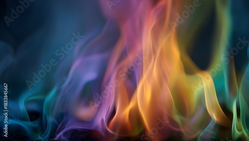 Abstract vibrant multicolored flames dance and swirl in a captivating display of ethereal light and color against a dark background