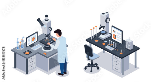 Scientist conducting microscopy research in modern laboratory isometric design