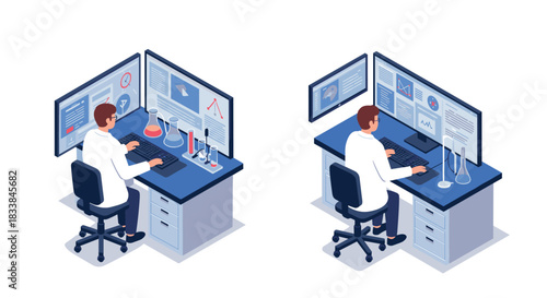 Isometric office workspace with scientist analyzing data on multiple monitors and laboratory equipment
