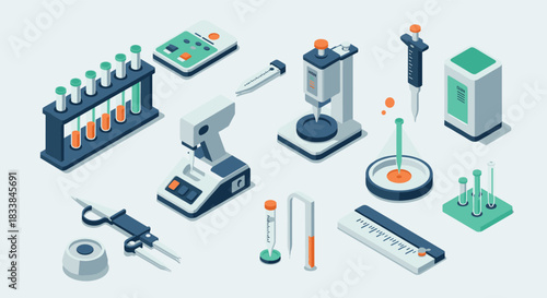 Isometric lab equipment icons for scientific and educational design projects