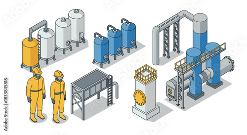 Isometric industrial factory elements featuring workers and machinery