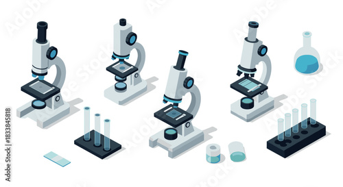 Isometric laboratory equipment set with microscopes, test tubes, and flasks