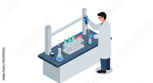 Scientist conducting experiment in laboratory setting with isometric design