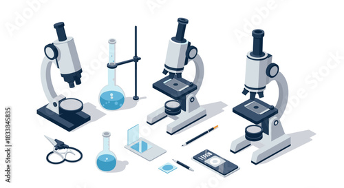 Isometric laboratory instruments: microscopes, beakers, and lab equipment on white background