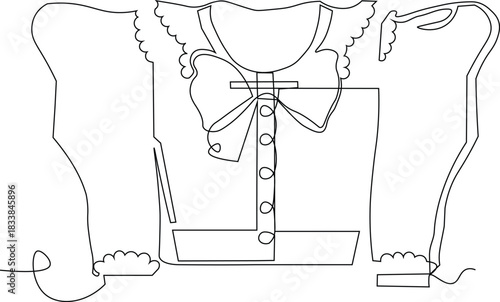 Continuous line drawing of a bodice or blouse with ruffled neckline and puffed sleeves. Minimalist design of a child blouse showing a bow on front and has a row of buttons down the front. 