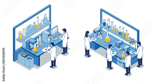 Isometric science laboratory with scientists conducting experiments