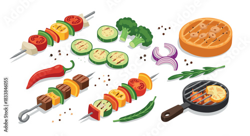 Colorful grilled vegetables and skewers in isometric style for cooking concepts