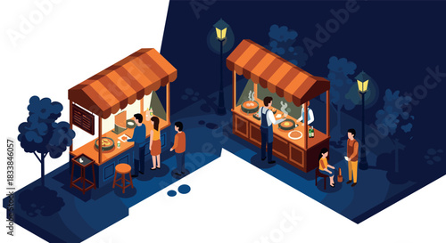Night street food market with people at stalls in isometric design