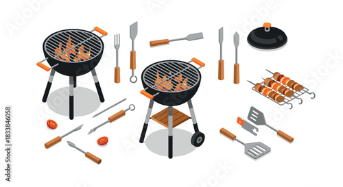 Isometric barbecue set with grills, utensils, and skewers for outdoor bbq party