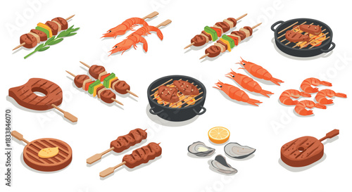Isometric barbecue feast with grilled meat and seafood on skewers