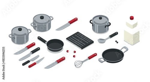 Essential kitchenware collection in isometric style for modern culinary spaces