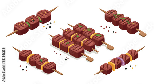 Isometric grilled meat skewers with spices and garnishes on white background