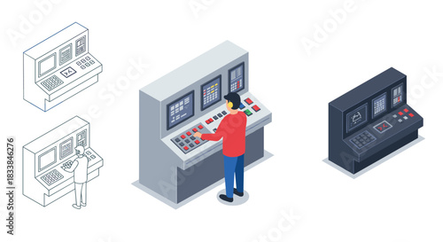 Isometric control room operator managing industrial machinery with multiple consoles