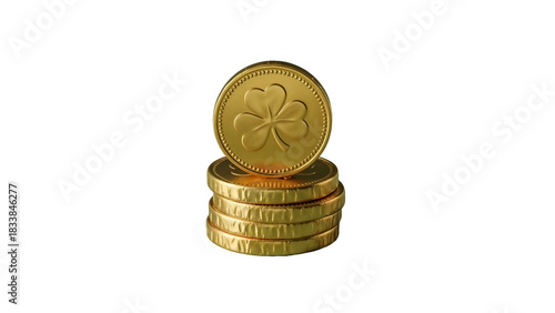Gold foil-wrapped chocolate coin stack on smooth green surface with soft light, festive sweets for St. Patrick’s Day