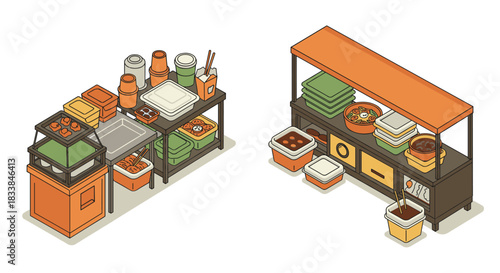 Isometric street food stalls showcasing asian cuisine and vibrant colors
