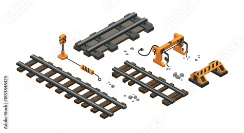 Isometric train track components with industrial equipment and signage