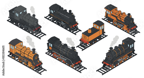 Set of isometric vintage steam trains on tracks with detailed design elements