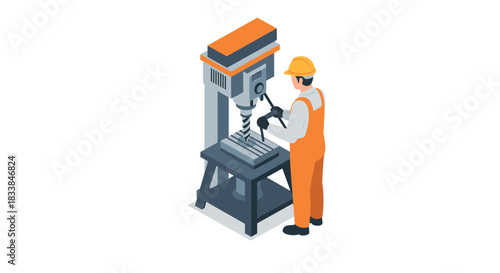 Isometric factory worker operating industrial drill press machine in workshop