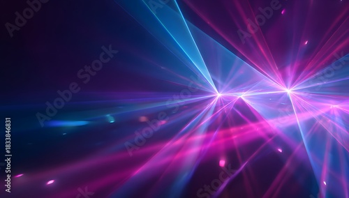 Abstract luminescence of vibrant blue and pink light beams intersecting in a dark cosmic nebula background