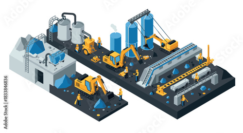 Isometric construction scene with machinery and workers at industrial site