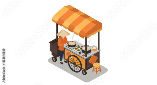 Isometric street food cart with vendor cooking asian cuisine