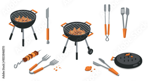 Isometric grilling set with barbecue tools and accessories in flat design