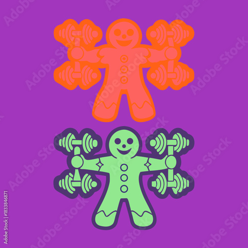 Two Gingerbread Men Lifting Weights Orange and Green Keywords: gingerbread man, fitness, lifting