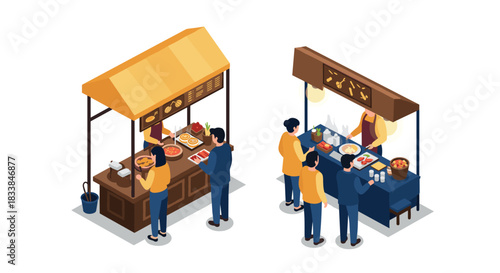 Isometric food stalls with customers: street food market in vibrant colors