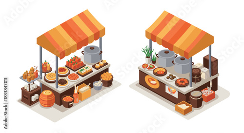 Isometric autumn festival food stalls with seasonal decorations and snacks