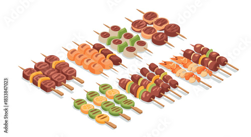 Assorted grilled skewers in isometric style featuring meat, vegetables, and seafood