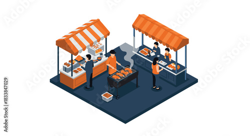 Isometric street food market scene with vendors and customers