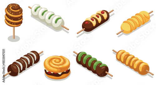 Isometric assorted skewered snacks: pretzel spiral, mocha, matcha delights