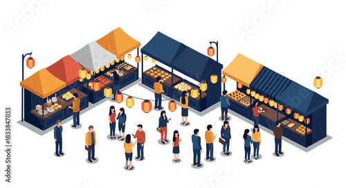 Isometric outdoor market scene with food stalls and people