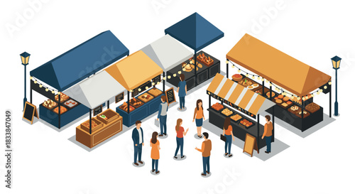 Isometric urban street market scene with food stalls and shoppers