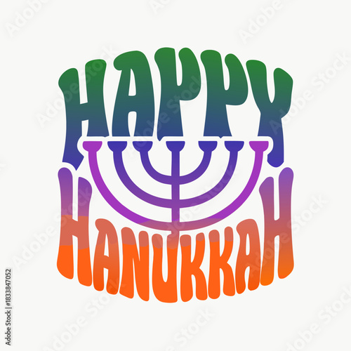 Happy Hanukkah gradient text and menorah illustration