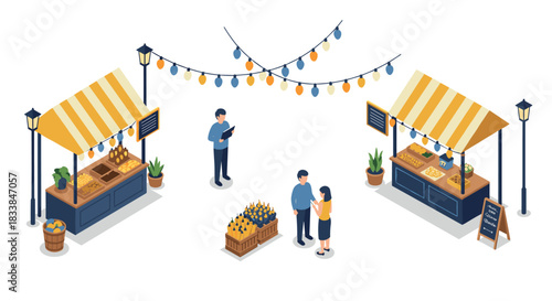 Isometric farmers market scene with stalls and shoppers surrounded by decorative lights