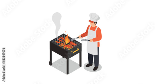 Isometric chef grilling meat outdoors with bbq smoke and flames