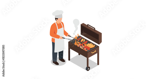 Chef grilling delicious barbecue on outdoor charcoal grill in isometric style