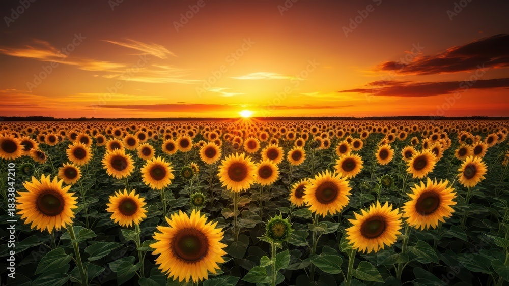 Obraz premium Sunset over vast sunflower field with vibrant orange sky