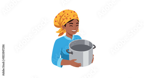Smiling woman chef holding cooking pot in colorful headwrap and apron