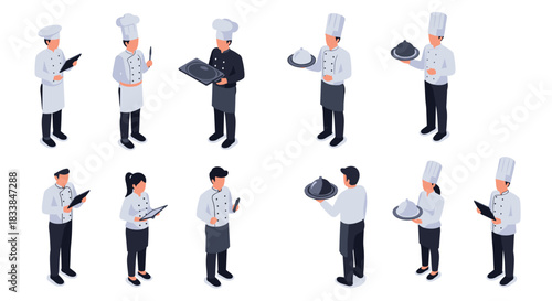 Isometric chef and waitstaff in uniforms holding serving trays and menus