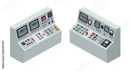 Isometric control panel design with buttons and screens for industrial technology