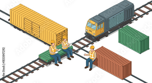 Isometric cargo train scene with engineers working on railroad