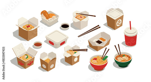 Isometric asian takeout: boxes, noodles, and chopsticks on white background
